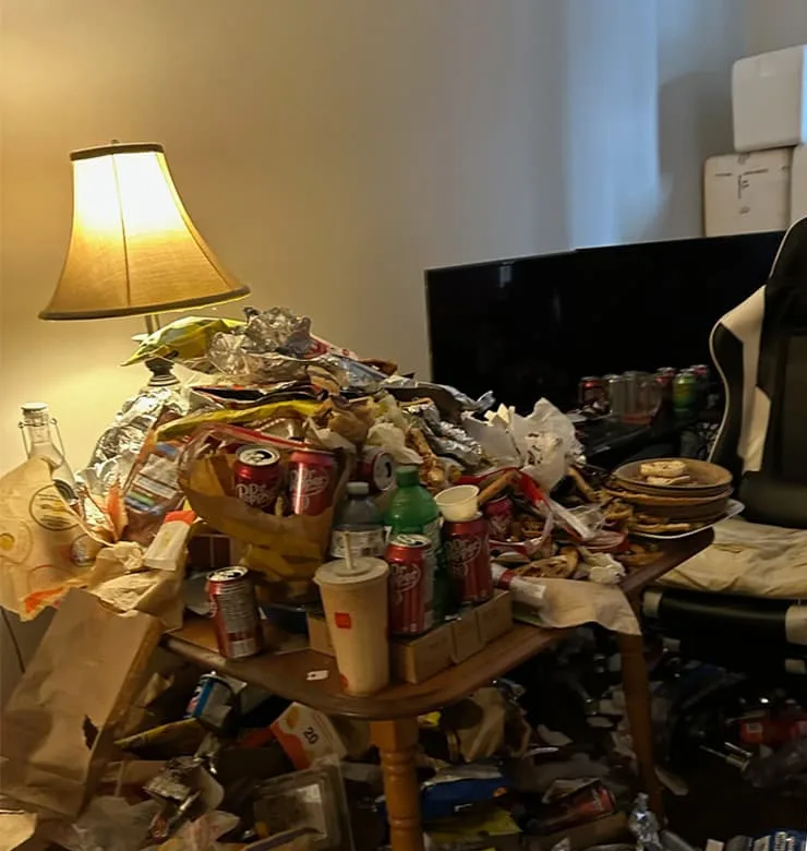 Before hoarding cleanup, with clutter covering a living room table and floor